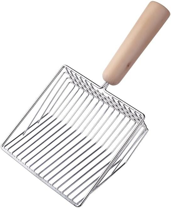 Cat Litter Scoops with Base Bracket, Kitty Scoop, Metal Cat Litter Scoop - Heavy Duty Litter Scooper & Speed Sifter with Comfortable Beech Wood Grip - Heavy Duty and Easy Clean