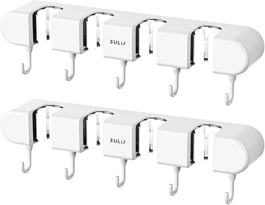 Mop Broom Holder Wall Mounted, 5 Racks and 4 Hooks Punch Free Mop and Broom Holder Wall Mount Broom Rack, Heavy Duty Hooks Self Adhesive Solid Non-slip for Home Kitchen Garden Laundry (2, White)