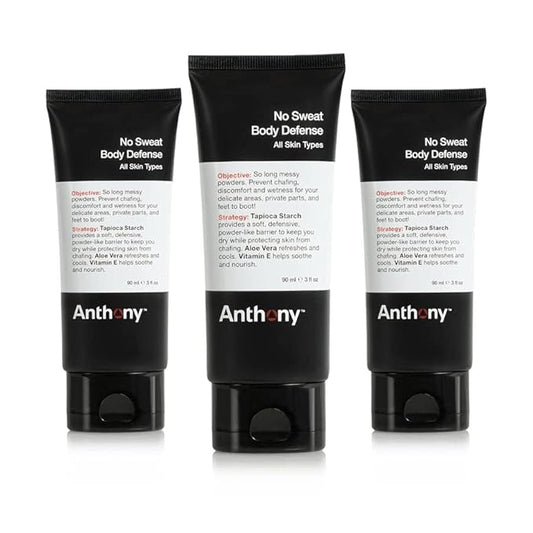 Anthony No Sweat Body Defense Deodorant for Men, Anti-Chafing & Anti-Itch Cream-to-Powder Lotion for Groin, Thighs & Underarms, Talc-Free, Absorbs Moisture, Sweat & Odor Control, 3 fl oz (Pack of 3)