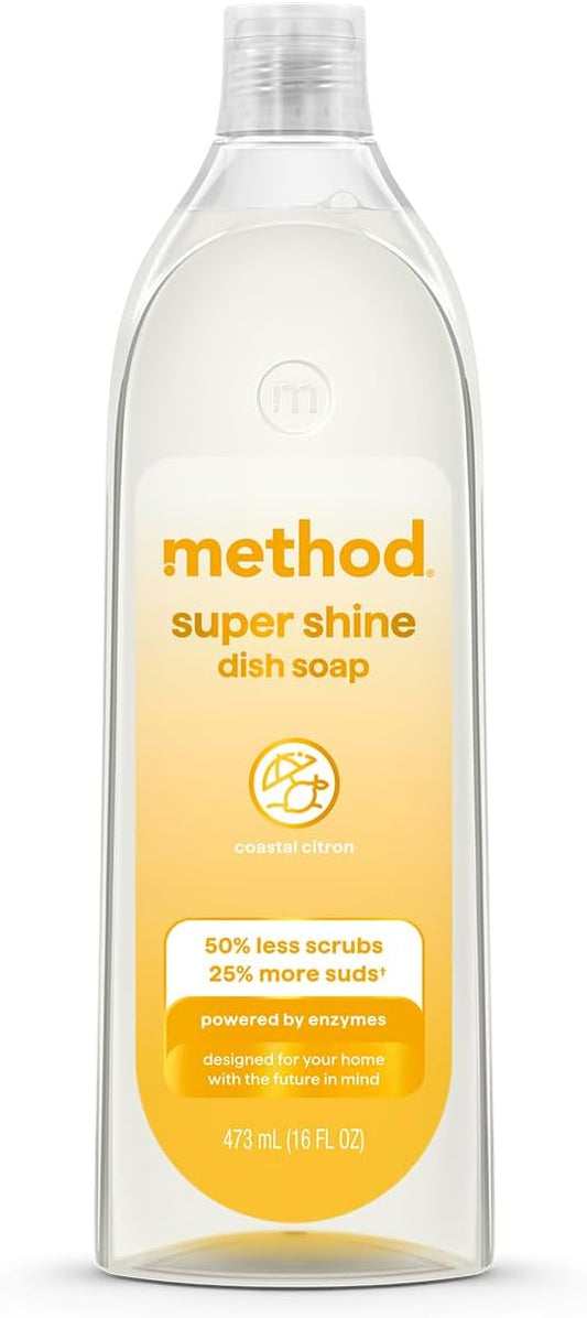 Method Super Shine Liquid Dish Soap, Powered by Enzymes, Coastal Citron Scented, 16 fl oz