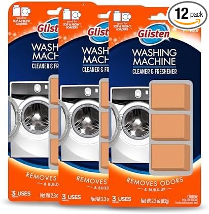 Glisten Washing Machine Cleaner & Freshener Deodorizer for All Top Load and Front Load Washers and HE Machines, Made in the USA, Fresh Scent, 9 Tablets (Pack of 12)