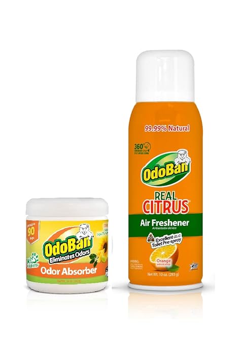 OdoBan Aroma Eliminator Set, Made in the USA, 10 Ounce Toilet Spray 360-Degree Continuous Spray Natural Oil Real Citrus Orange Air Freshener and 14 Ounce Solid Scent Absorber