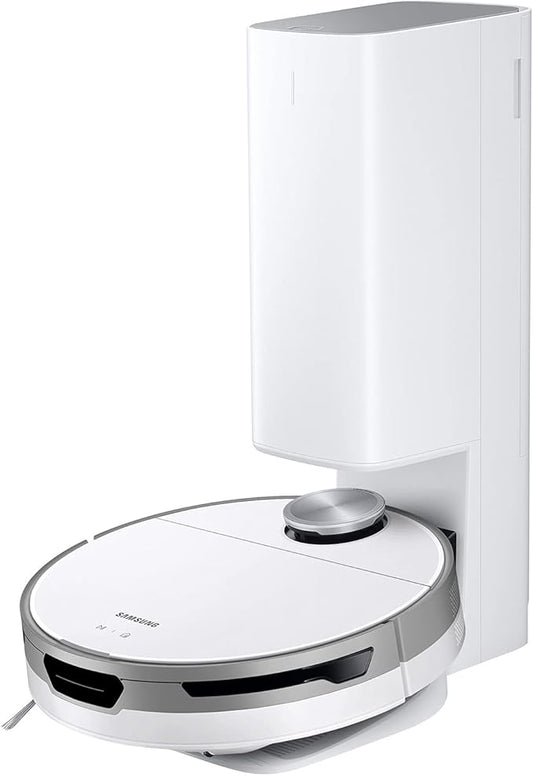 SAMSUNG Jet Bot+ Robot Vacuum Cleaner w/ Clean Station, Automatic Emptying, Precision Cleaning, 5-Layer Filter, Intelligent Power Control for Hardwood Floors, Carpets, Area Rugs, VR30T85513W/AA, White