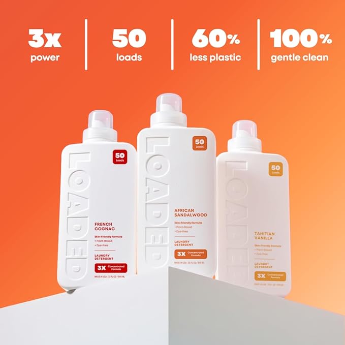 Loaded Laundry Detergent, Luxury Cologne Scented | 50 Loads | Sandalwood & Vanilla | Skin-Friendly & Plant-Based | Made in USA | 32 oz