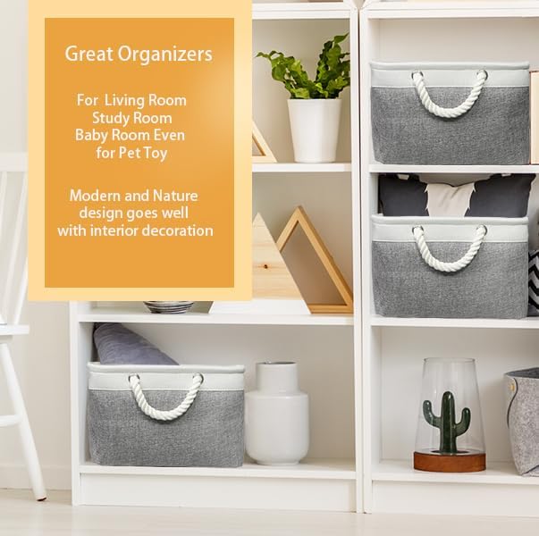 Simple Houseware Large Fabric Storage Bin, 15.7" x 12" with Braided Handles, 3 Pack, Gray