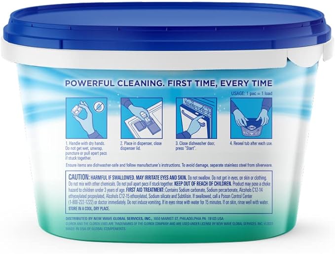 Clorox Ultra+ Dishwasher Detergent Pacs, 60 Count, Stain Fighting, No Prewash Needed, Removes Burnt-on Food, Crisp Lemon Scent Pods - Packaging May Vary