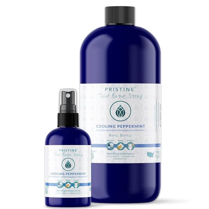 PRISTINE Toilet Paper Spray - As Seen on Shark Tank, More Natural Personal Cleansing Wipes & Flushable Wet Wipes Alternative, Spray Toilet Paper to Create Flushable Wipe, Cooling Peppermint, 4 fl oz