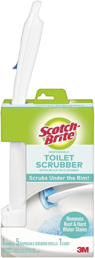 Scotch-Brite Disposable Toilet Scrubber Starter Kit, Disposable Refills with Built-In Bleach Alternative, Includes 1 Handle, Storage Caddy and 5 Refills