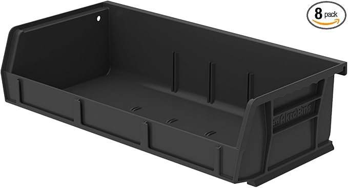 Akro-Mils 30232 AkroBins Plastic Storage Bins, Space-Saving Stackable Bins for Garage, Pantry, Craft Organization, 5" x 11" x 3", Black, 8-Pack