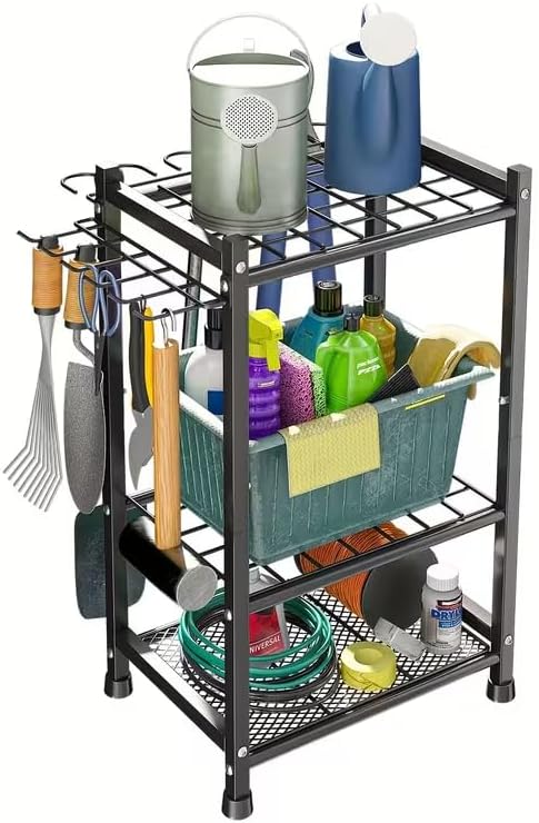 Garden Tool Organizer - 70-Hole Garage Storage Rack with Adjustable Feet & T-Handle Hooks, Broom/Mop Holder for Yard, Shed, Multi-Scene Use, No-Tool Assembly，Rack for Garage Organization Black