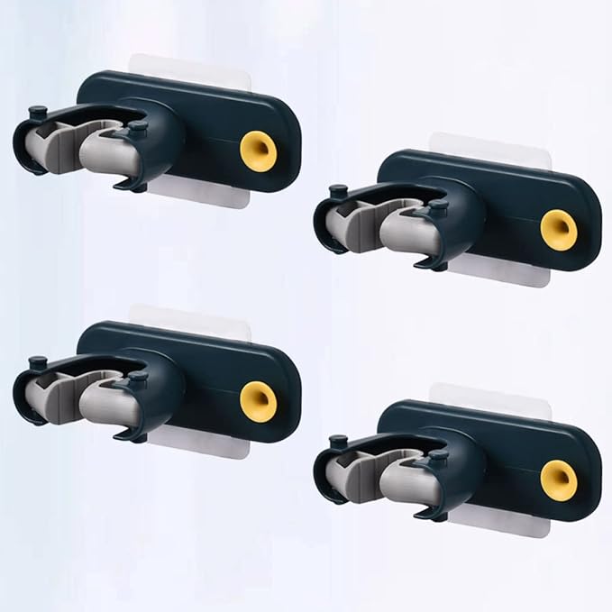 PRETYZOOM 4pcs Blue Punch Wall Mounted Mop Holder and Broom Organizer Self-adhesive Hooks for Bathroom Kitchen and Garage Storage