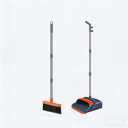 Upgrade Long Handle Design Broom and Dustpan Set - for Home & Office Use, with Upright Standing Dustpan, No Bending,Suitable for Indoor & Outdoor Sweeping,Orange and Grey