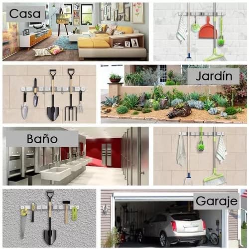 3 Racks and 4 Hooks Mop and Broom Holder, Wall Mounted Broom Organizer Stainless Steel Heavy Duty Hooks Self Adhesive Broom Hanger for Kitchen Laundry Garden Garage