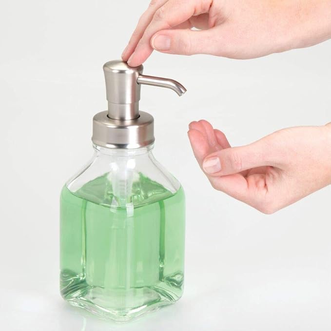 mDesign Square Glass Refillable Liquid Soap Dispenser Pump Bottle for Bathroom Vanity Countertop, Kitchen Sink - Holds Hand Soap, Dish Soap, Hand Sanitizer, Essential Oils - 2 Pack - Clear/Brushed
