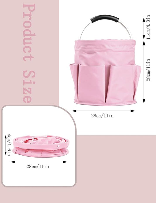 Cleaning Caddy with Handle, Cleaning Products Organiser, Foldable Storage Basket, Large Supply Organiser 17L with 6 Pockets, Portable Cleaning Caddy for Home & Garden (Pink)