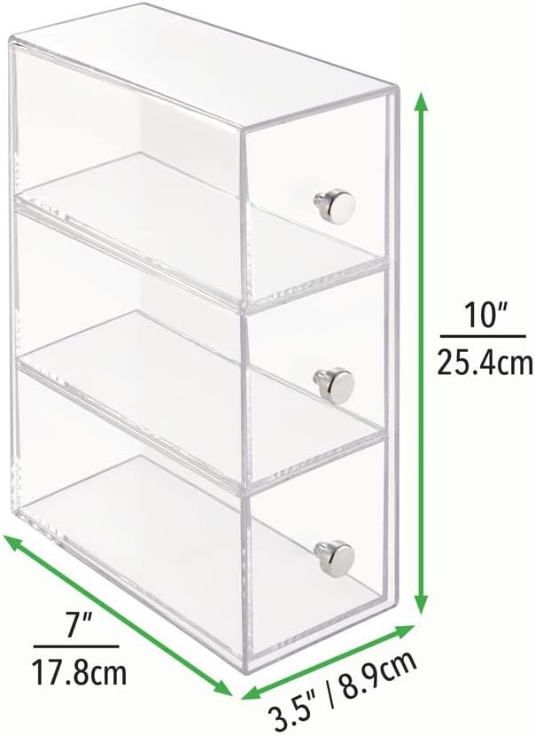 mDesign Plastic Kitchen Pantry Stackable Storage Organizer Container Station with 3 Drawers for Cabinet, Countertop, Holds Coffee, Tea, Sugar Packets, Creamers - Lumiere Collection - 2 Pack - Clear
