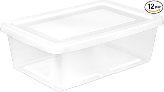 Sterilite 12 Pack Storage Box, 12 Quart Stackable Tote, Clear Plastic Container with Secure Snapping Lids for Home and Office Organization, White