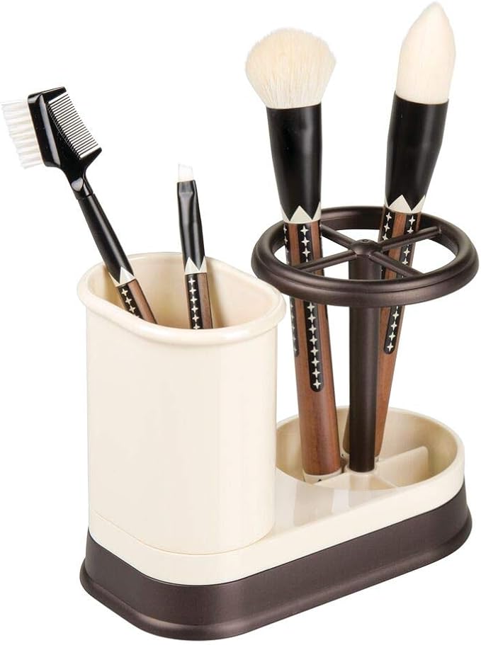 mDesign Decorative Bathroom Dental Storage Organizer Holder Stand for Electric Spin Toothbrush/Toothpaste - Compact Design for Countertop and Vanity, Holds 4 Standard Brushes - Vanilla/Bronze