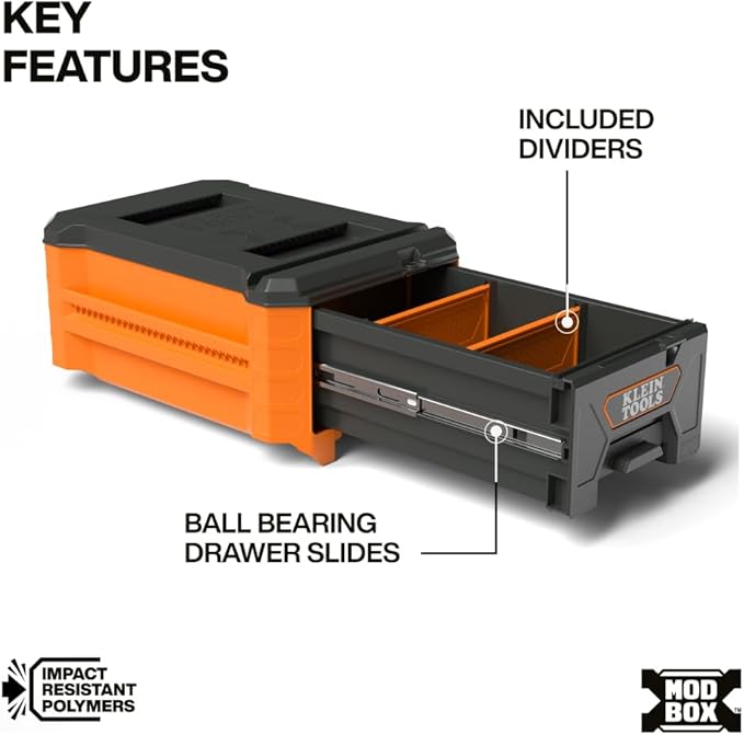 Klein Tools 54843MB MODbox Compact Single Drawer Box, Half Width, Tool Storage Drawer with Ball Bearing Slides, Dividers Included, PVC Foam Mat