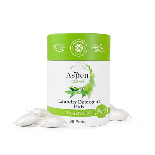 Eucalyptus Laundry Pods by AspenClean, New and Improved Packaging, Zero Plastic, EWG Verified™, Vegan, Non-Bio, Hypoallergenic Natural Laundry Detergent - 36 Count