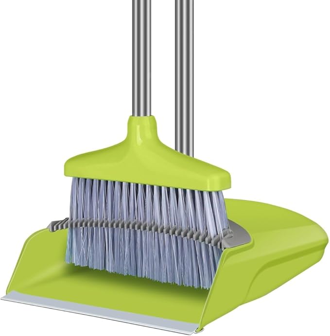 FGY Broom and Dustpan Set 48" Long Handle Broom and Collapsible Dust Pan Combo for Home Office Kitchen (Green)