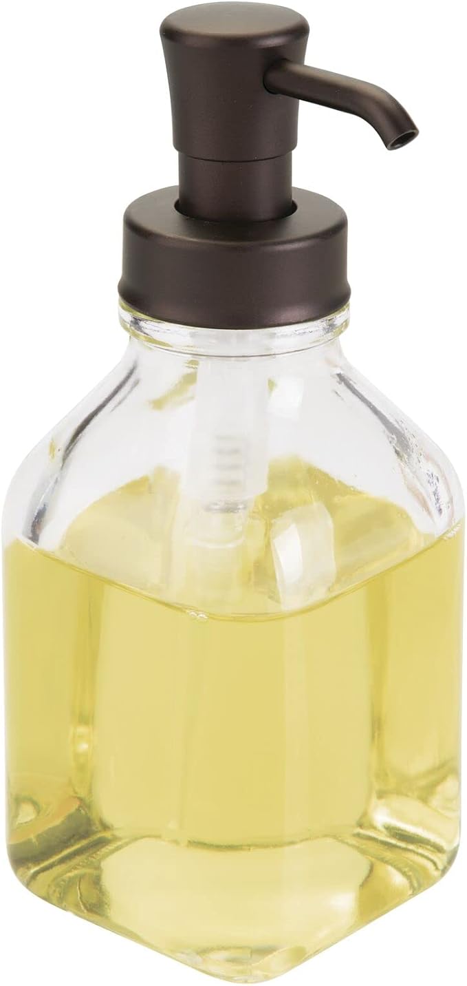 mDesign Square Glass Refillable Liquid Soap Dispenser Pump Bottle for Bathroom Vanity Countertop, Kitchen Sink - Holds Hand Soap, Dish Soap, Hand Sanitizer, Essential Oils - 2 Pack - Clear/Bronze