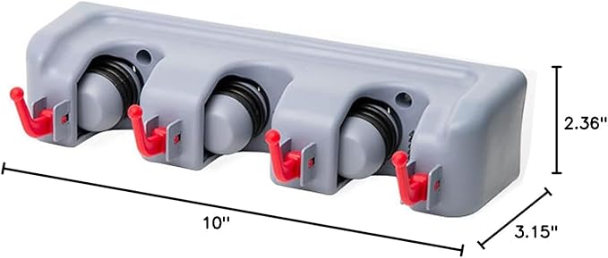 Broom and Mop Holder Wall Mount -Mop and Broom Storage Rack Wall Mounted Utility Rack (3 Slots 4 Hooks-Grey+Red)