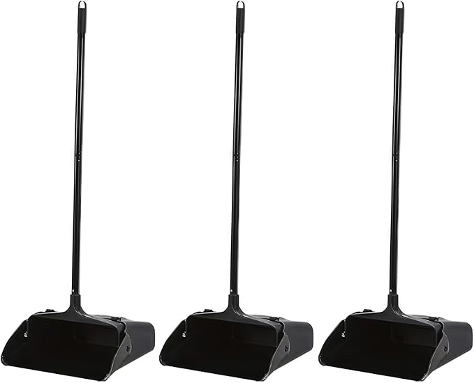 3-Pack Commercial Upright Dust Pan with Long Handle and Wheels – Heavy Duty Large Dust Pans for Indoor/Outdoor Use, Janitorial or House Cleaning Tools, Black Standing Dustpan