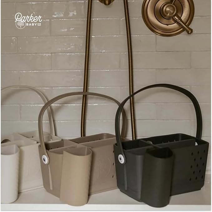 Parker Baby Bath Caddy | BPA Free & Food Grade Shower Caddy Organizer for Toys & Supplies | Quick-Dry, Sturdy & Perfect Size Shower Basket w/Handle in Neutral Colors