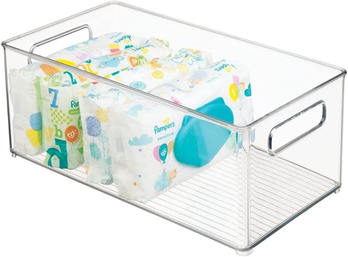 mDesign Plastic Deep Bin Organizer Caddy Container w/ Handles for Nursery, Kitchen, Pantry, Bathroom, Cabinet Storage Organization - Holds Snacks, Bottles, Baby Food Jar, Diaper - 14" Long -Clear