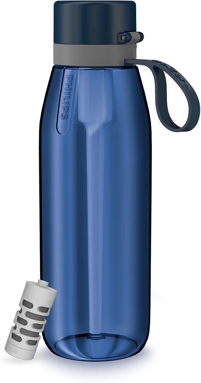 PHILIPS Filtered Water Bottle, BPA-Free Tritan Plastic Water Bottles, Replaces 450 Plastic Water Bottle with Reusable GoZero Everyday Water Filter, Portable Filtering Bottle for Travel, 36oz Navy Blue
