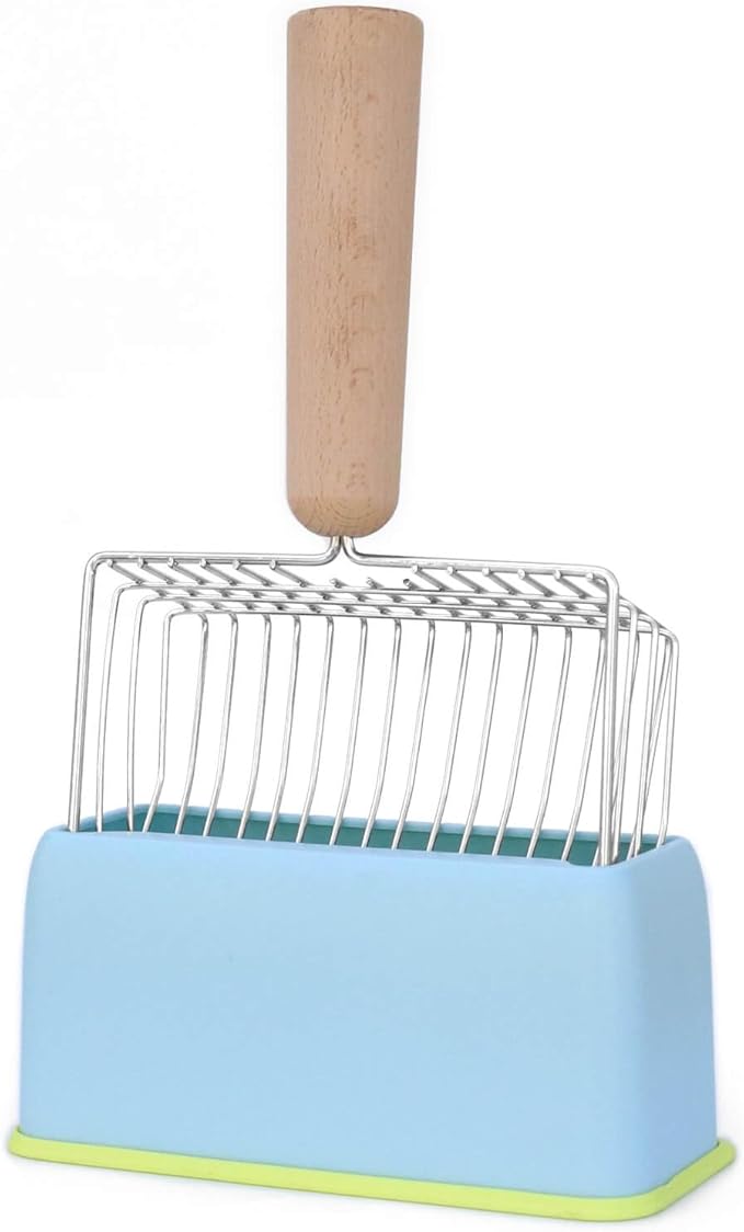 Cat Litter Scoops with Base Bracket, Kitty Scoop, Metal Cat Litter Scoop - Heavy Duty Litter Scooper & Speed Sifter with Comfortable Beech Wood Grip - Heavy Duty and Easy Clean