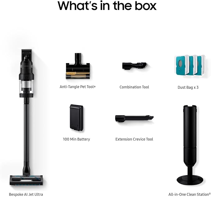 Samsung Bespoke AI Jet Ultra Cordless Stick Vacuum with All-in-One Clean Station, 400AW Powerful Suction, Long Battery Life, Anti-Tangle Pet Tool, 2025, Satin Black, VS90F40DMK/AA