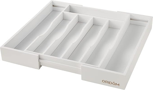 Expandable Bamboo Kitchen Drawer Organizer for Cutlery and Utensils, Adjustable Bamboo Wood Cutlery Tray in Drawer for Flatware and Silverware in Kitchen, (White)