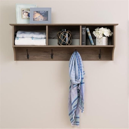 Prepac Drifted Gray 48" Contemporary Wall Mounted Coat Rack, Coat Hooks Wall Mount with 3 Shelves, Ideal for Hallway or Entryway Storage Solution, 11.5"D x 48"W x 14.25"H