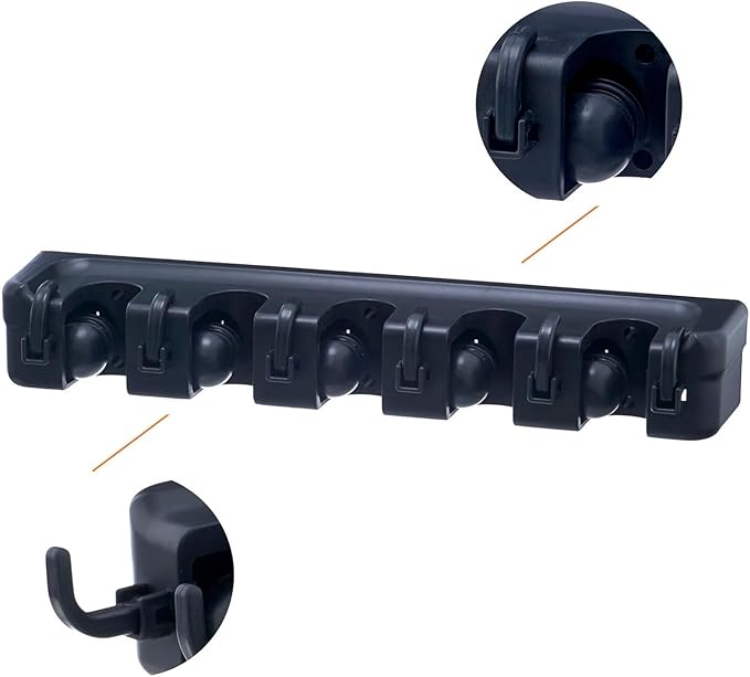Superio Mop and Broom Holder Wall Mount (Black) Cleaning Tools Wall Organizer, 5 Rack Slots and 6 Hooks for Kitchen Closet Garage Garden and Office