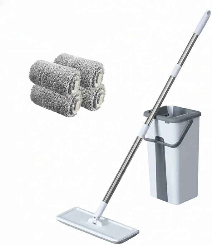 Mop and Bucket Set with Wringer, Flat Mops for Floor Cleaning, Wall Mop Cleaner with Long Handle, Hardwood Floor Mop with 4 Microfiber Pads (Grayish-White)