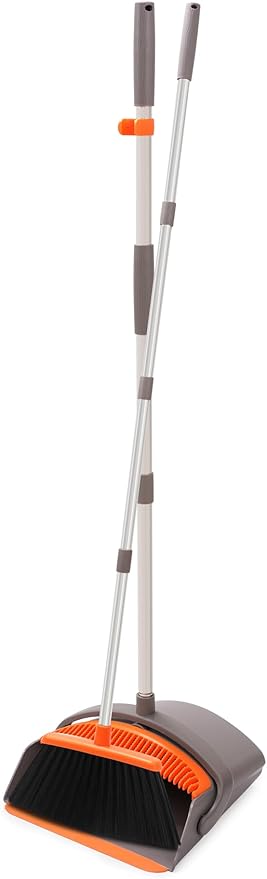 POWERJET Upright Broom & Dustpan Set (420900), Angled Lobby Broom, Exclusive Long Handle Extendable 52”, Self-Cleaning with Dustpan Teeth, Sweeping Indoor & Outdoor Home & Office Cleaning