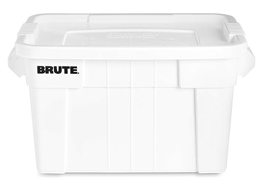 Rubbermaid Commercial Products BRUTE Tote Storage Container with Lid-included, 20-Gallon, White, Reusable Boxes for Moving/Storing in Garage/Basement/Attic/Jobsite/Truck/Camping