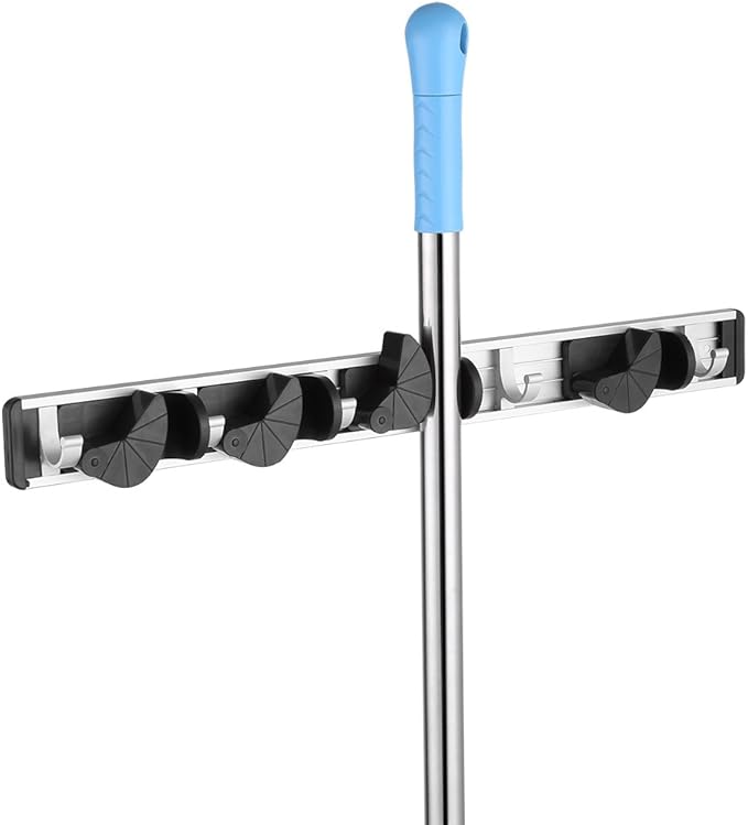 Fdit Mop and Broom Holder Rack - Mop Broom Holder Wall Mounted Tools for Home kitchen Garden Garage Saving Space(4 Position 5 Hooks)