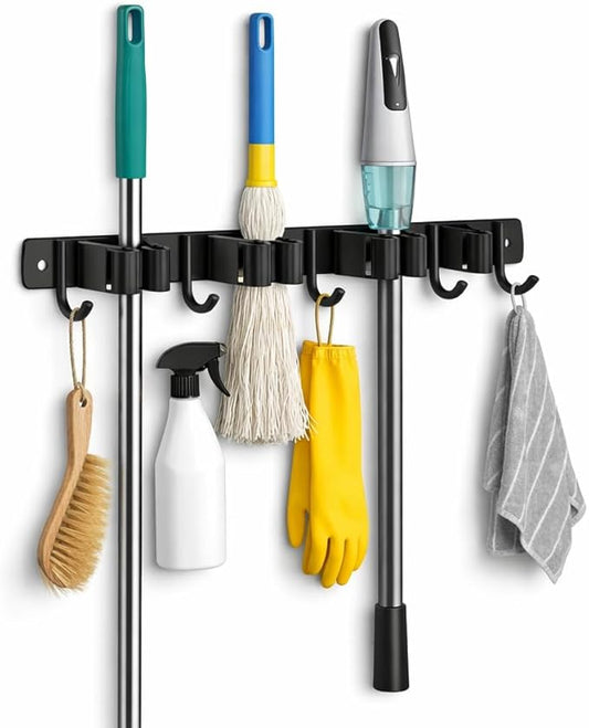 Mop and Broom Holder Wall Mount, 3 Racks with 4 Hooks, Stainless Steel Broom Organizer, Self Adhesive or Screw Mounted, Heavy Duty Storage for Home Kitchen Laundry Garage (black)