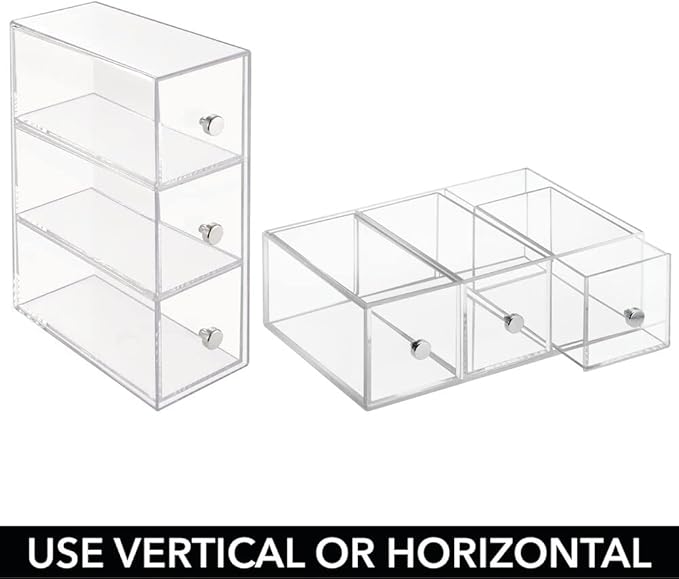 mDesign Plastic Kitchen Pantry Stackable Storage Organizer Container Station with 3 Drawers for Cabinet, Countertop, Holds Coffee, Tea, Sugar Packets, Creamers - Lumiere Collection - 2 Pack - Clear