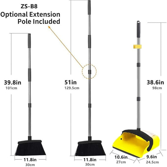 Upgraded Broom and Dustpan， with 52" Long Handle, Dustpan Teeth with self-Cleaning Function, Indoor and Outdoor Sweeping, Perfect for Home Office