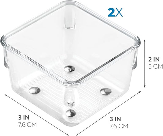 iDesign Linus Plastic Drawer Organizer, Storage Container for Vanity, Bathroom, Kitchen Drawers, 3" x 3" x 2", Set of 2, Clear