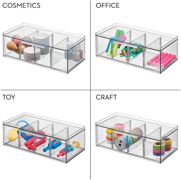 iDesign XL Storage Drawer Organizer for Counter or Cabinet, 4-Section, Clear, 4-Pack