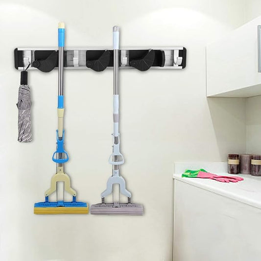 Mop Holder, Mop and Broom Holder, Wall Mounted, Tool Storage, Organizer for Home Use (Three holes and four hangings)