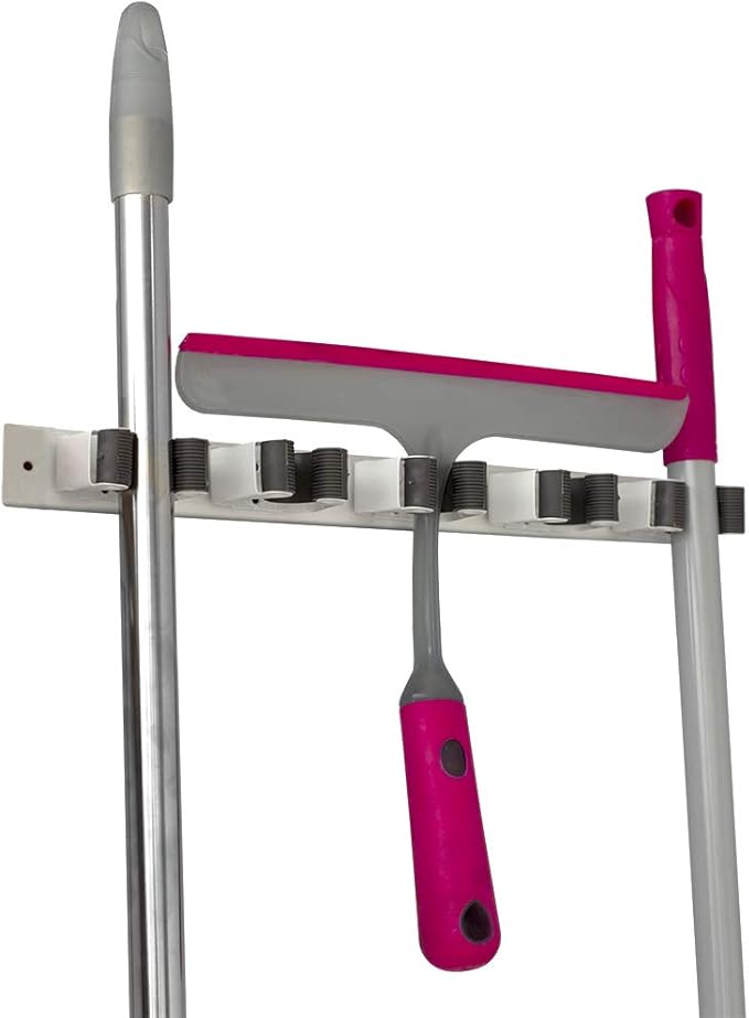 Mop and Broom Holder Wall Mounted Storage Organizer by Home Basics | 5 Slot Storage Rack with Textured Rubber Grippers for Kitchen, Garage, Laundry Room