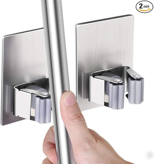 HANZE 2 Pack Stainless Steel Mop Broom Holder Organizer, Self Adhesive Wall Mounted Mop Organizer Storage Rack Clip for Kitchen Bathroom and Garage (Rectangle, Large)