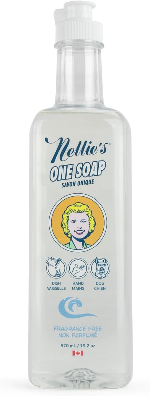 Nellie's One Soap – Fragrance-Free Multi-Purpose Cleaner for Dishes, Surfaces, and Hands – Gentle, Plant-Based Formula That’s Soft on Skin – 19.2 oz (Made in Canada)
