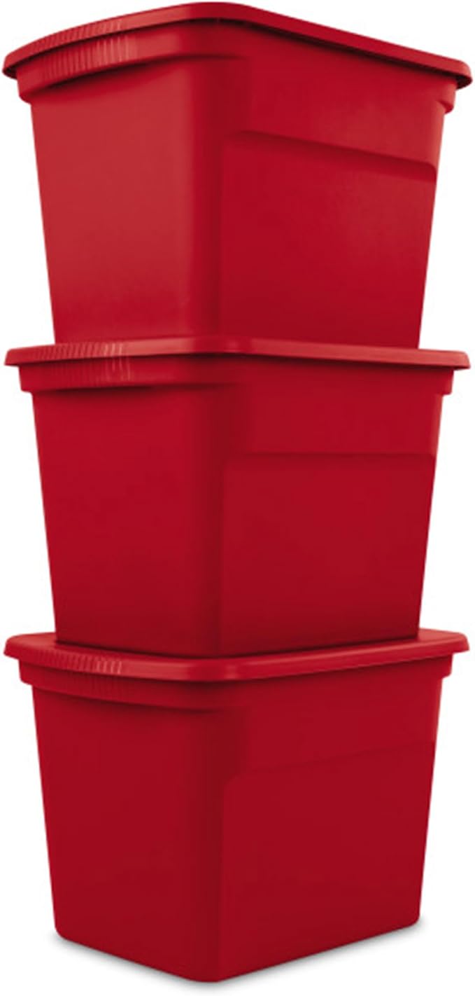 Sterilite 18 Gallon Stackable Storage Tote Container, Seasonal Home Decor, and Garage Organizer Bin with Lid, Red (16 Pack)